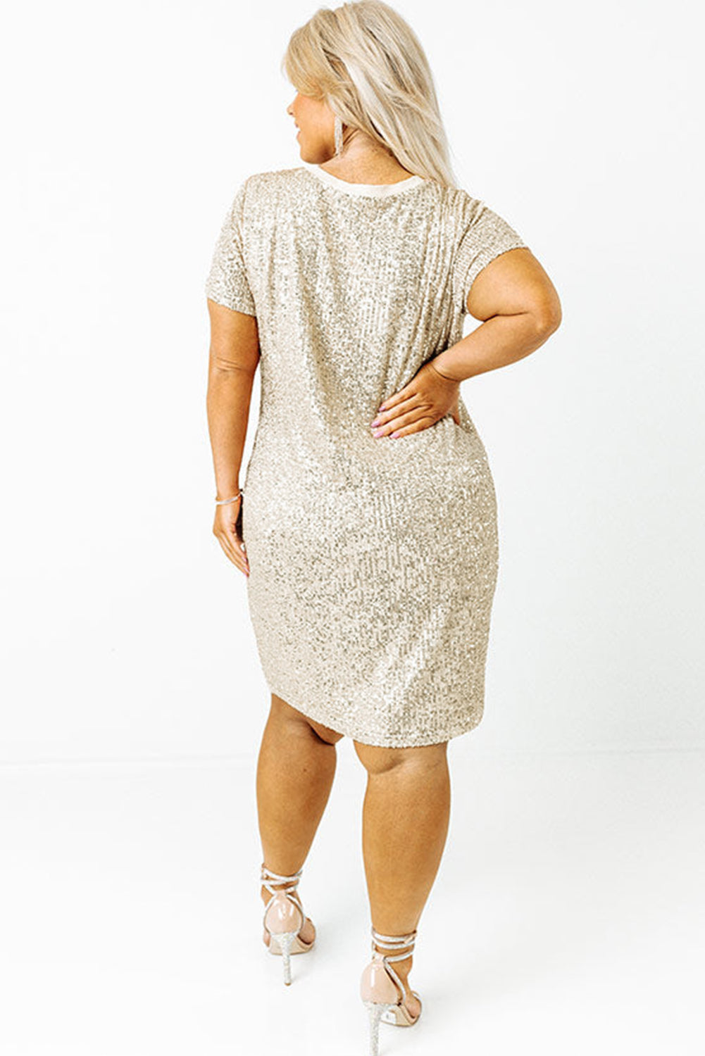 Silvery Plus Size Sequin Short Sleeve T Shirt Dress