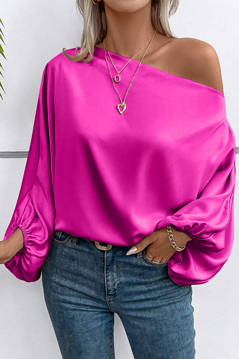 Bright Pink Solid Color Asymmetrical Neck Lantern Sleeve Blouse