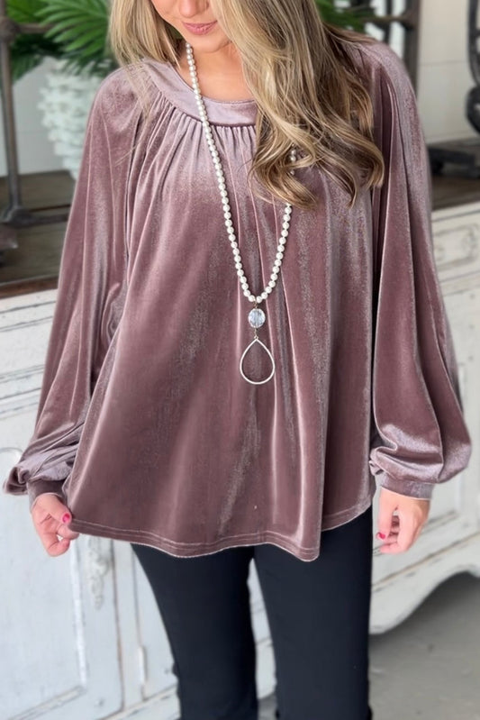 Rose Velvet Pleated Keyhole Back Bubble Sleeve Top