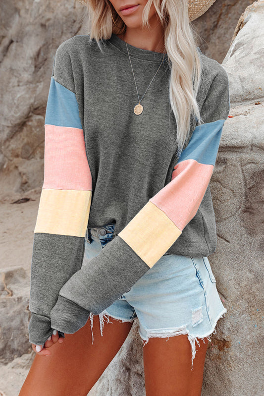 Grey Casual Color Block Drop Sleeve Sweatshirt