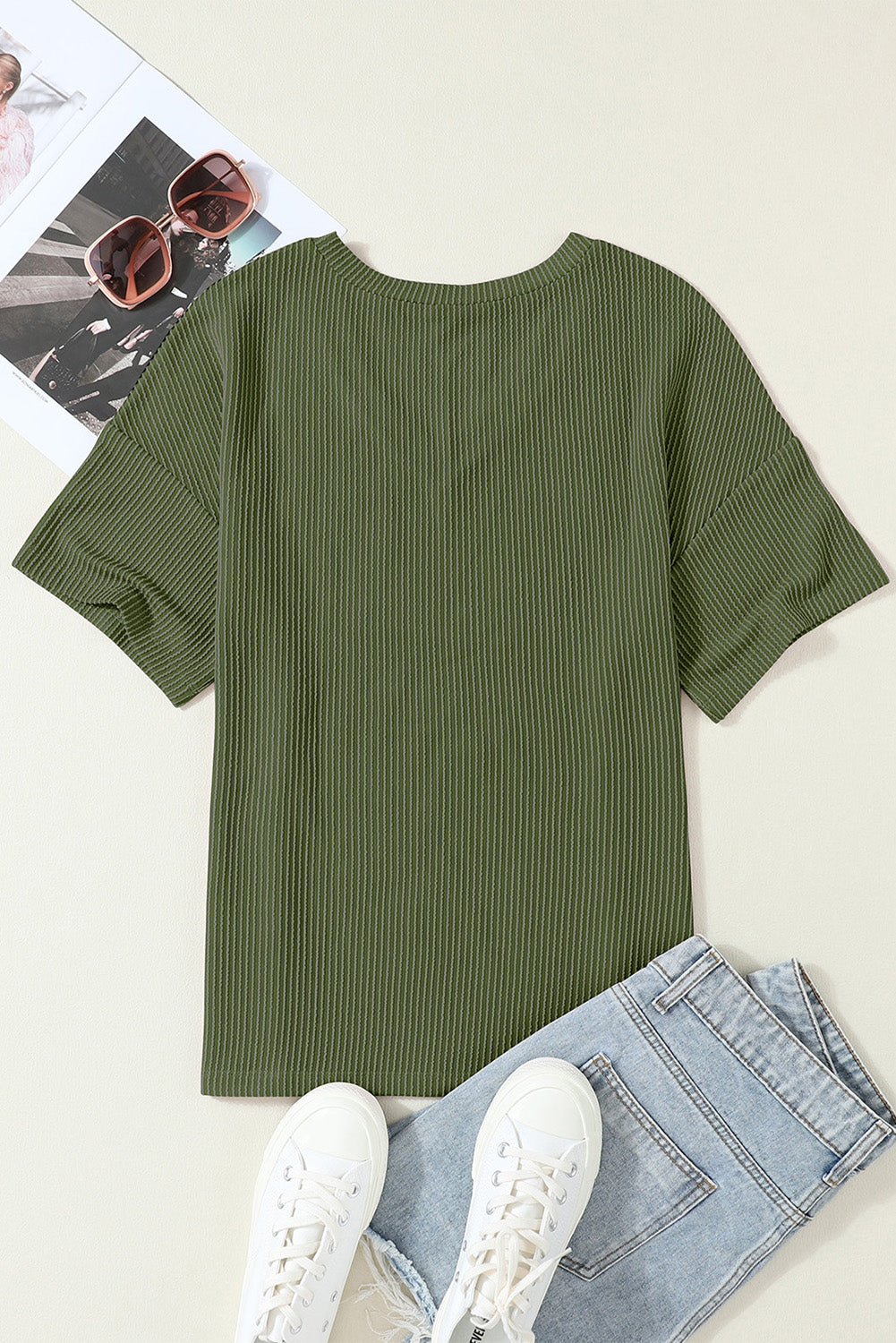 Black Ribbed V Neck Pocket Drop Sleeve T-Shirt