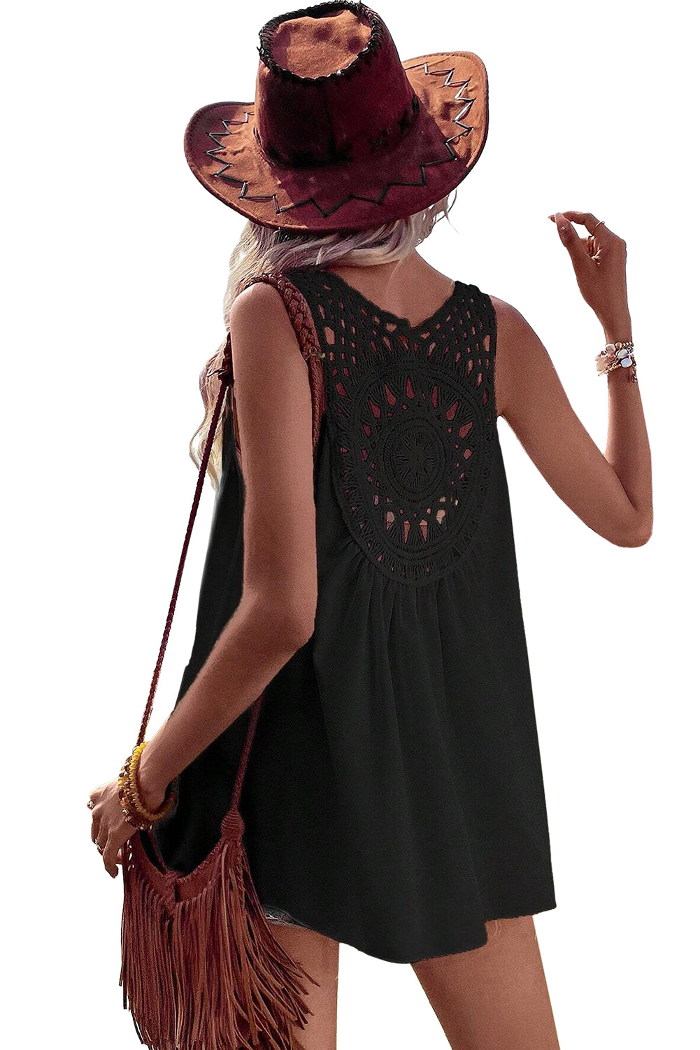 Black Bohemian Crochet Patchwork Sleeveless Tunic Top