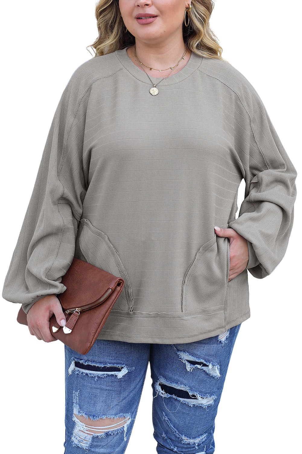 Gray Ribbed Side Pockets Long Sleeve Plus Size Top