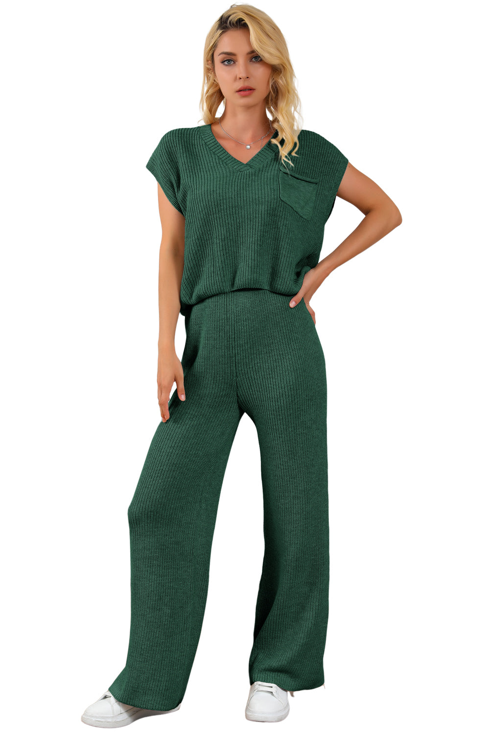 Green Knitted V Neck Sweater and Wide Leg Pants Set