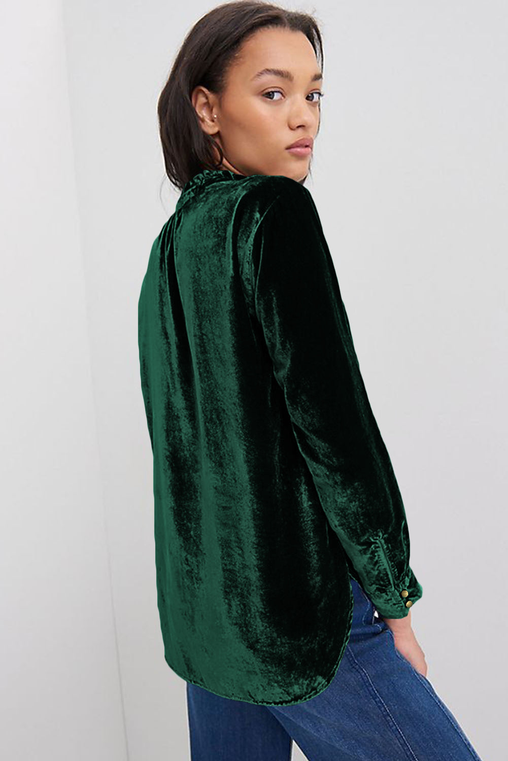 Green Frilled Neck Buttoned Front Velvet Top