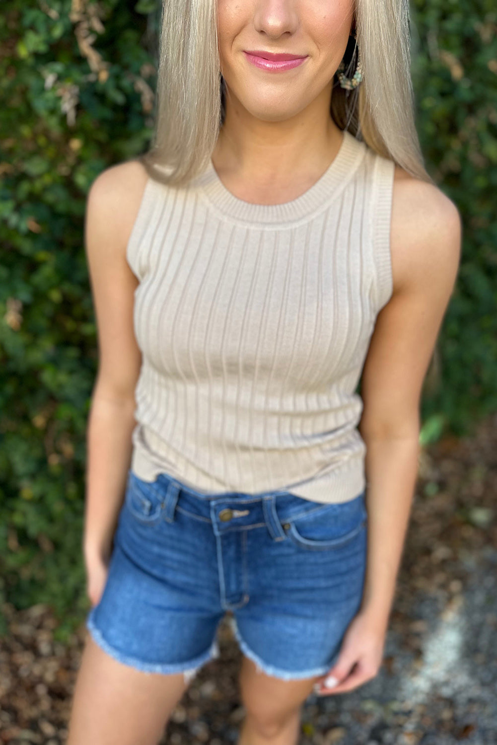 Apricot Ribbed Knit Crew Neck Tank Top