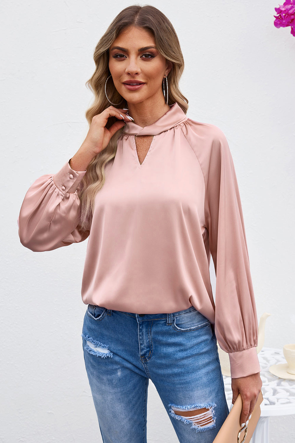 Pink Elegant Keyhole Long Sleeve Satin Blouse